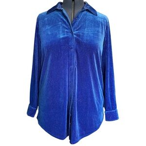 Soft Surroundings Textured Velvet Boyfriend Shirt Blue Silver Thread Large